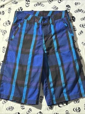 Element Men's Blue and Black Plaid Flat Front Shorts
